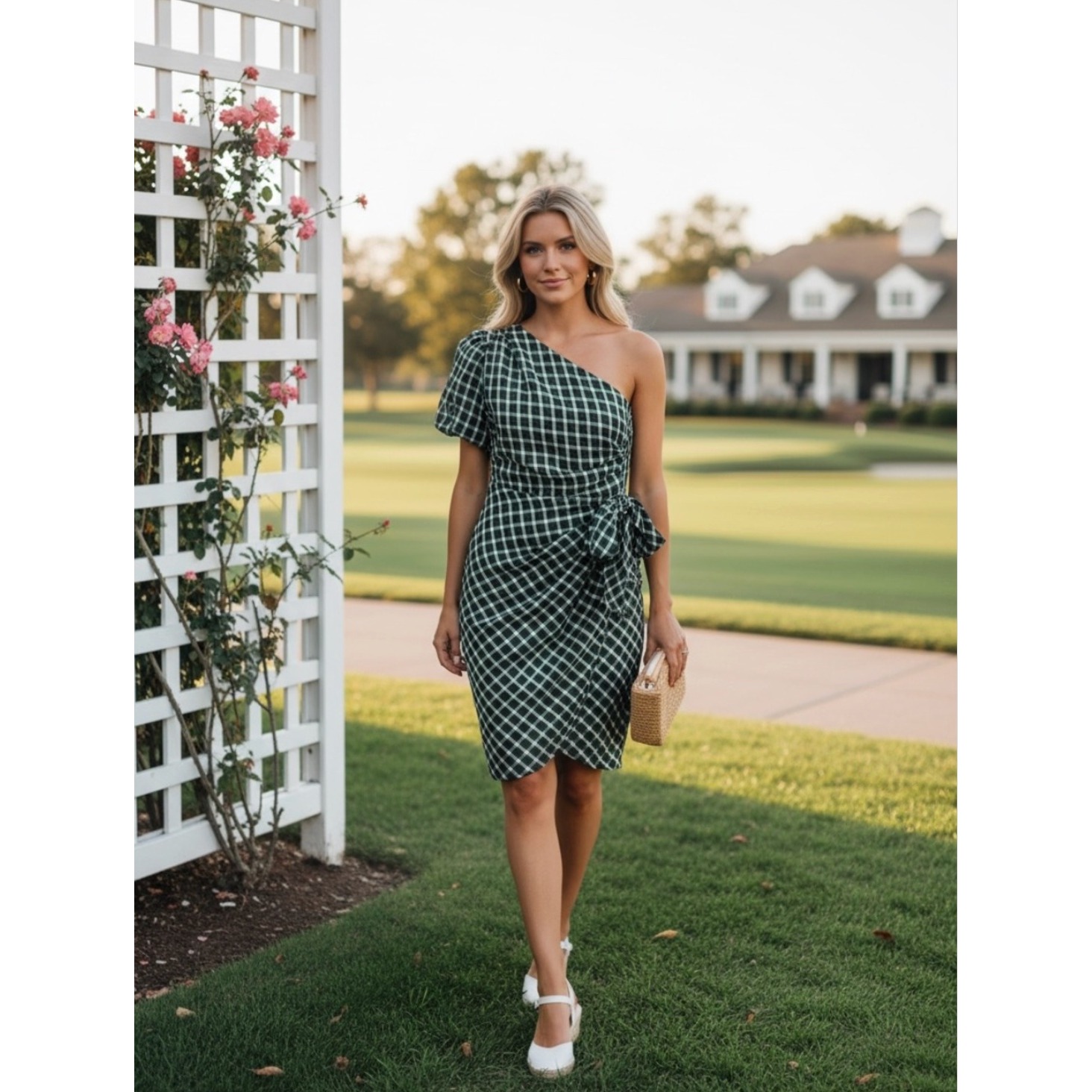 Tularosa Women Skylar One Shoulder Tie Side Mini Dress M Tinsel Green Plaid